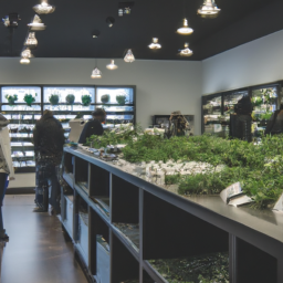 description: an anonymous image of a cannabis dispensary with a variety of products displayed on shelves and counters. customers can be seen browsing and making purchases. the dispensary is well-lit and modern, with a clean and professional atmosphere.