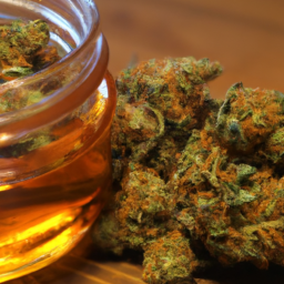 description: a close-up photo of a glass jar filled with a thick, amber-colored oil, alongside a pile of fresh cannabis buds.