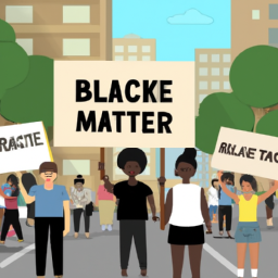 description: a group of protesters holding signs with the black lives matter logo and slogans. the protesters are diverse, with people of different ages, genders, and ethnicities. they are marching down a city street, with tall buildings and trees in the background.