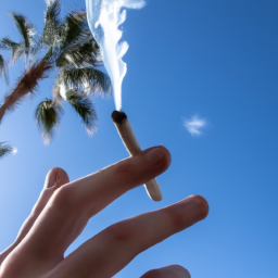 description: A person holding a joint with smoke coming out of their mouth, against a background of palm trees and a blue sky.