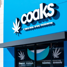 description: a sleek storefront with a large blue sign featuring the iconic cookies logo, drawing in a diverse crowd of customers looking for premium cannabis products.