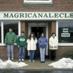 description: a group of people standing outside a dispensary in new hampshire, some holding bags of marijuana products. the sign above the door reads "medical marijuana dispensary."