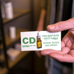 description: a patient holding a medical marijuana card and a bottle of cbd oil while standing in front of a dispensary.