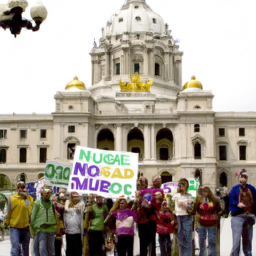 description: a group of people celebrating in front of the minnesota state capitol building, holding signs that read "legalize marijuana now!" and "end the war on drugs!".