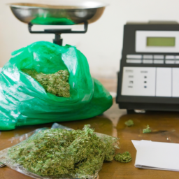 Description: A pile of green plant material, resembling marijuana, is sitting on a table with a scale and plastic bags nearby. The image is anonymous and does not contain any actual names.