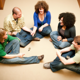 description: a group of people sitting in a circle, passing a joint and sharing laughs.