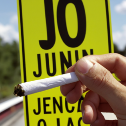 description: an image of a hand holding a marijuana joint with a warning sign in the background.