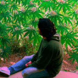 description: a serene image depicting a person sitting outdoors, surrounded by nature, with a subtle representation of cannabis leaves in the background.