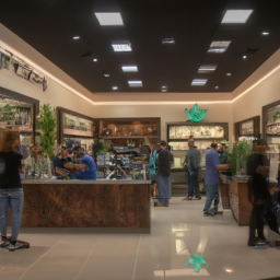description: the image shows a bustling dispensary in nevada, with customers browsing various cannabis products and interacting with knowledgeable staff. the vibrant atmosphere and product displays reflect the thriving marijuana industry in the state.
