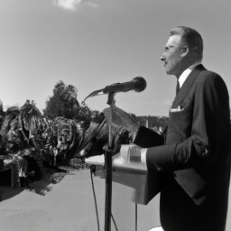 Description: An anonymous image shows a man in a suit standing in front of a crowd. The man is holding a microphone and appears to be giving a speech. The crowd is a mix of men and women, some of whom are applauding.