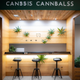 description: an image of a modern dispensary with a sleek and inviting interior, showcasing various cannabis products and knowledgeable staff assisting customers in a professional and friendly manner.
