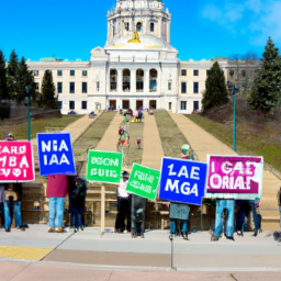 a group of people holding signs that say "legalize marijuana" and "end the war on drugs" stand outside the state capitol building in st. paul, minnesota.