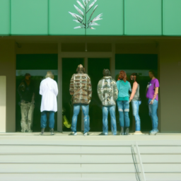 description: a group of people standing outside a building with a sign that reads "medical marijuana dispensary" in bold letters.