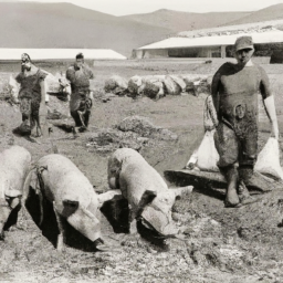description: an image of a pig farm with a group of pigs roaming around in a spacious area, with a farmer and a butcher in the background holding bags of spig weed.