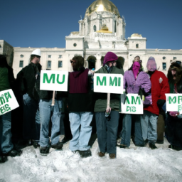description: a group of people gathered outside the minnesota state capitol holding signs advocating for the legalization of marijuana.