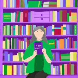 description: a person holding a book with a green and purple cover, sitting in front of a bookshelf filled with various books.