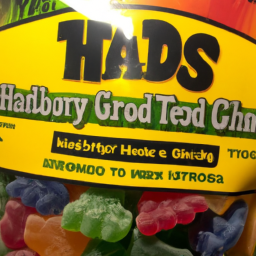 A close-up of a bag of THC gummies, featuring various shapes and colors. The label reads "THC Gummies," with a warning about keeping out of reach of children and pets.