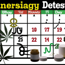 Description: A calendar with marked days, symbolizing the duration of cannabis in the system, and various drug testing methods displayed alongside.