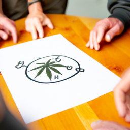 A group of people are gathered around a table discussing a piece of paper with cannabis symbols on it.