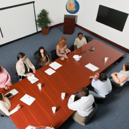 description: an image depicting a group of people in a meeting room, engaged in discussion and studying documents.