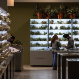 description: an anonymous image showcasing a well-lit and organized medical marijuana dispensary with various strains of cannabis displayed on shelves. customers can be seen browsing the products while knowledgeable staff members assist them.