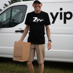 description: a delivery driver in a black t-shirt and jeans stands in front of a white van with the zyp run logo on the side. the driver is holding a brown paper bag with the zyp run logo on it and smiling at the camera.