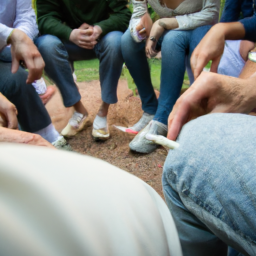 description: an image showing a group of people sitting in a circle, passing a joint. the individuals in the image are blurred, and their faces are not visible.