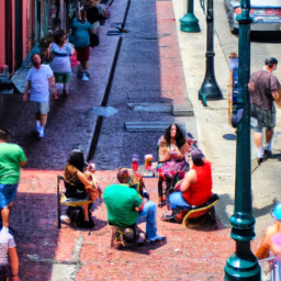description: an anonymous image showing a vibrant street in new orleans with people enjoying their time, without any specific names or faces visible.