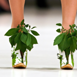 description: an anonymous woman walks down a runway wearing a pair of dsquared weed heels. the shoes are a high stiletto style with green leaves and buds adorning the heel and toe. the woman's outfit is simple, allowing the shoes to be the focal point.