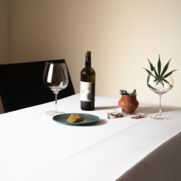 description: an anonymous image depicts a beautifully arranged table with wine glasses, a bottle of wine, and a cannabis-infused edible. the focus is on the elegant presentation, highlighting the harmonious combination of wine and cannabis.