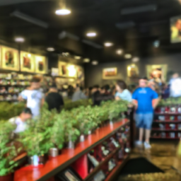 description: a blurred photo of a bustling cannabis dispensary in california, with customers browsing through various products and a diverse range of marijuana strains on display.