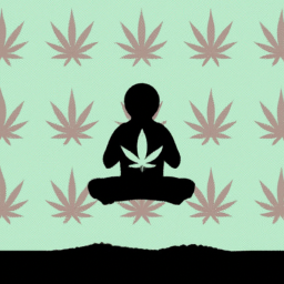 description: A person sitting on a prayer mat with their hands raised in prayer, with a faint silhouette of a cannabis leaf in the background.
