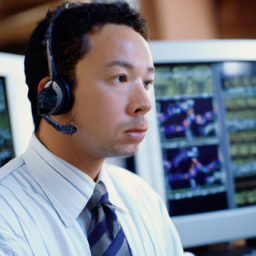 Description: A photo of a trader looking at a computer screen with stock charts on it. The trader is wearing a headset and has a serious look on their face.