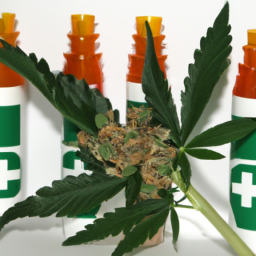 Description: A marijuana plant surrounded by prescription pill bottles, illustrating the debate over marijuana's addictive potential and its role in addiction treatment.