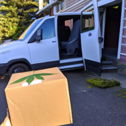 description: an image depicting a cannabis delivery vehicle parked in front of a residential building, with a person holding a nondescript package.