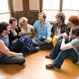 description: a group of people sitting in a circle, passing a joint around while laughing and enjoying themselves.