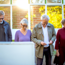 A group of people standing outside a polling station casting their votes on a ballot.
