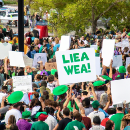 description: an image of a crowd of people celebrating, holding signs that say "legalize it" and "weed for all." the image is taken from a distance, so the individuals in the crowd are not clearly visible.