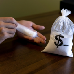 Description: An image of a person holding a rolled-up dollar bill and a small plastic bag with white powder on a table.