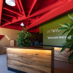 description: a vibrant and bustling cannabis dispensary with friendly staff assisting customers in a spacious and well-lit environment.