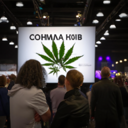 A group of people standing in a convention hall, looking at a large screen displaying information related to the cannabis industry.