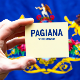description: a person holding a medical marijuana card, with the pennsylvania state flag in the background.