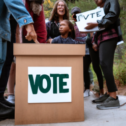 description: an image of a ballot box with the words "vote" written on it. the box is surrounded by people of different ages and backgrounds, some holding signs supporting the legalization of marijuana, while others hold signs opposing it.