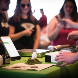 description: an anonymous image depicting a group of people gathered in a cannabis-themed event, showcasing various cbd products and accessories.