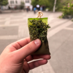 description: a person holding a small bag of green herbs in their hand, with blurred background.