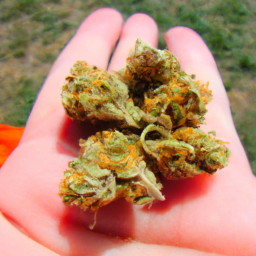 Description: A close-up of a handful of Reggie Weed buds, with red and orange pistils.