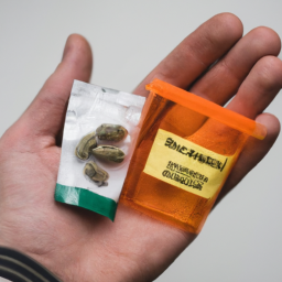 description: a person holding a bottle of pills in one hand and a small bag of marijuana in the other hand, representing the combination of ibuprofen and weed.