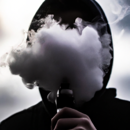 Description: An anonymous image of a teenager holding a vape pen with a cloud of smoke surrounding them.