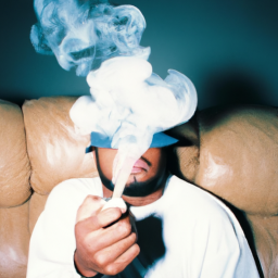 description: an anonymous image shows a well-known rapper sitting on a couch, holding a joint in his hand. his face is partially hidden behind a cloud of smoke.
