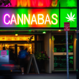 description: a brightly lit and colorful cannabis dispensary with a large sign displaying the name of the dispensary. the dispensary is located on a busy city street with people walking by. the image captures the excitement and energy of the cannabis industry, as well as the growing acceptance of cannabis in mainstream society.
